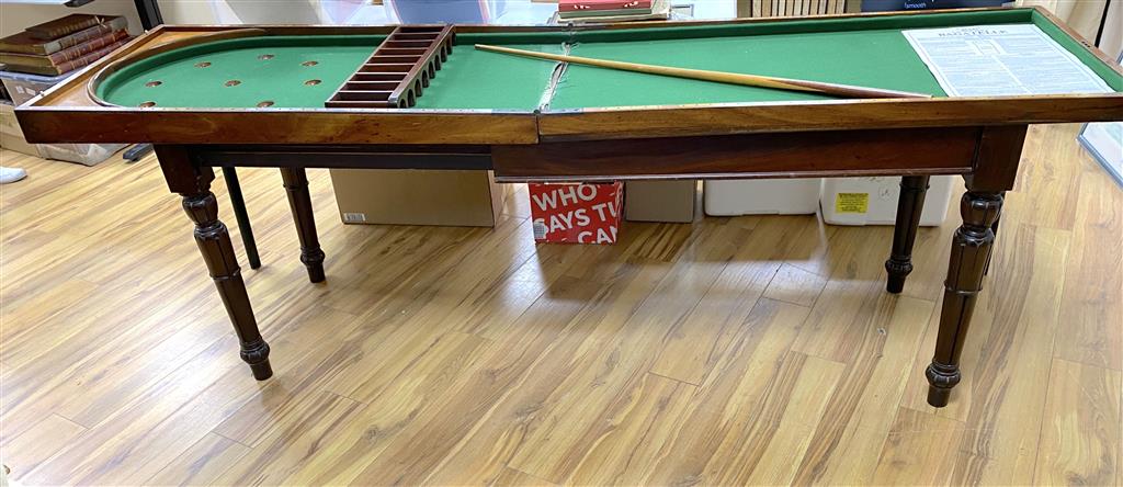 An early Victorian mahogany bagatelle table, width 120cm, depth 64cm, height 90cm